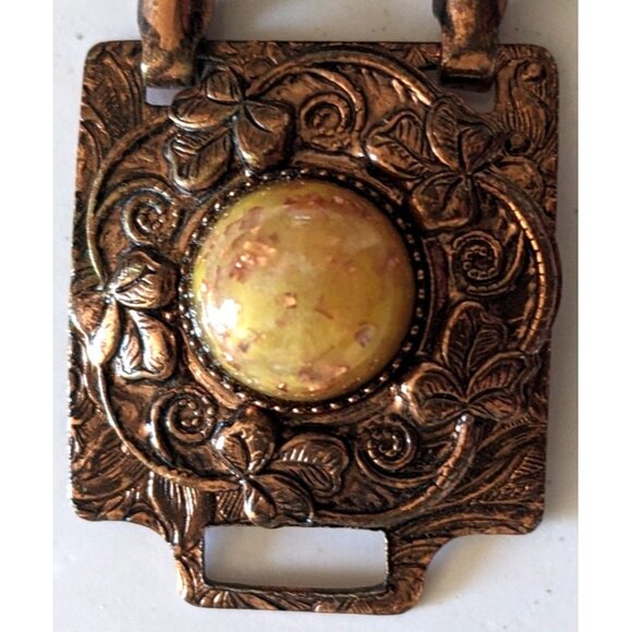 Vintage Copper Ornate Bracelet Celtic Shamrock  Motifs Yellow Cabochons Clasp - Picture 6 of 6